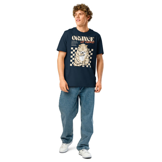 Man wearing a navy Orange Cat Energy T-Shirt from Midnight Zoomies.