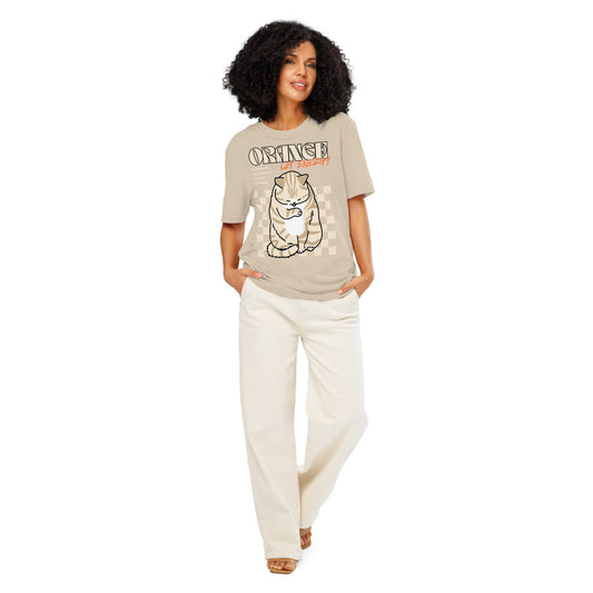 Woman wearing a desert dust Orange Cat Energy T-Shirt from Midnight Zoomies.