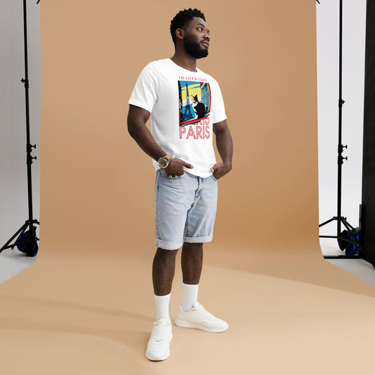 Man wearing a white Paris Cat T-Shirt.