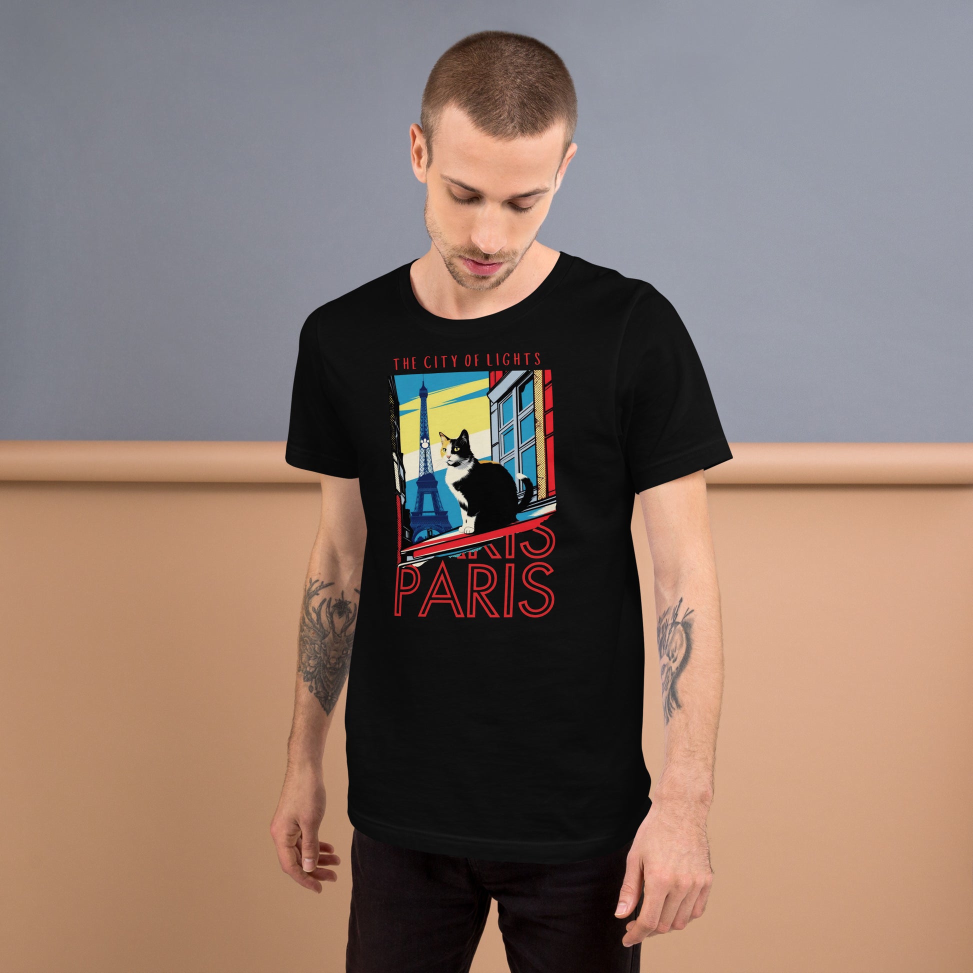 Man wearing a black Paris Cat T-Shirt.
