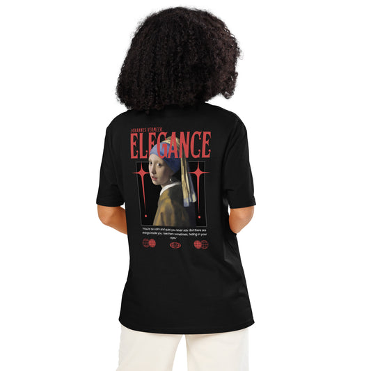 Woman wearing a black Girl With A Pearl Earring Graphic T-Shirt.