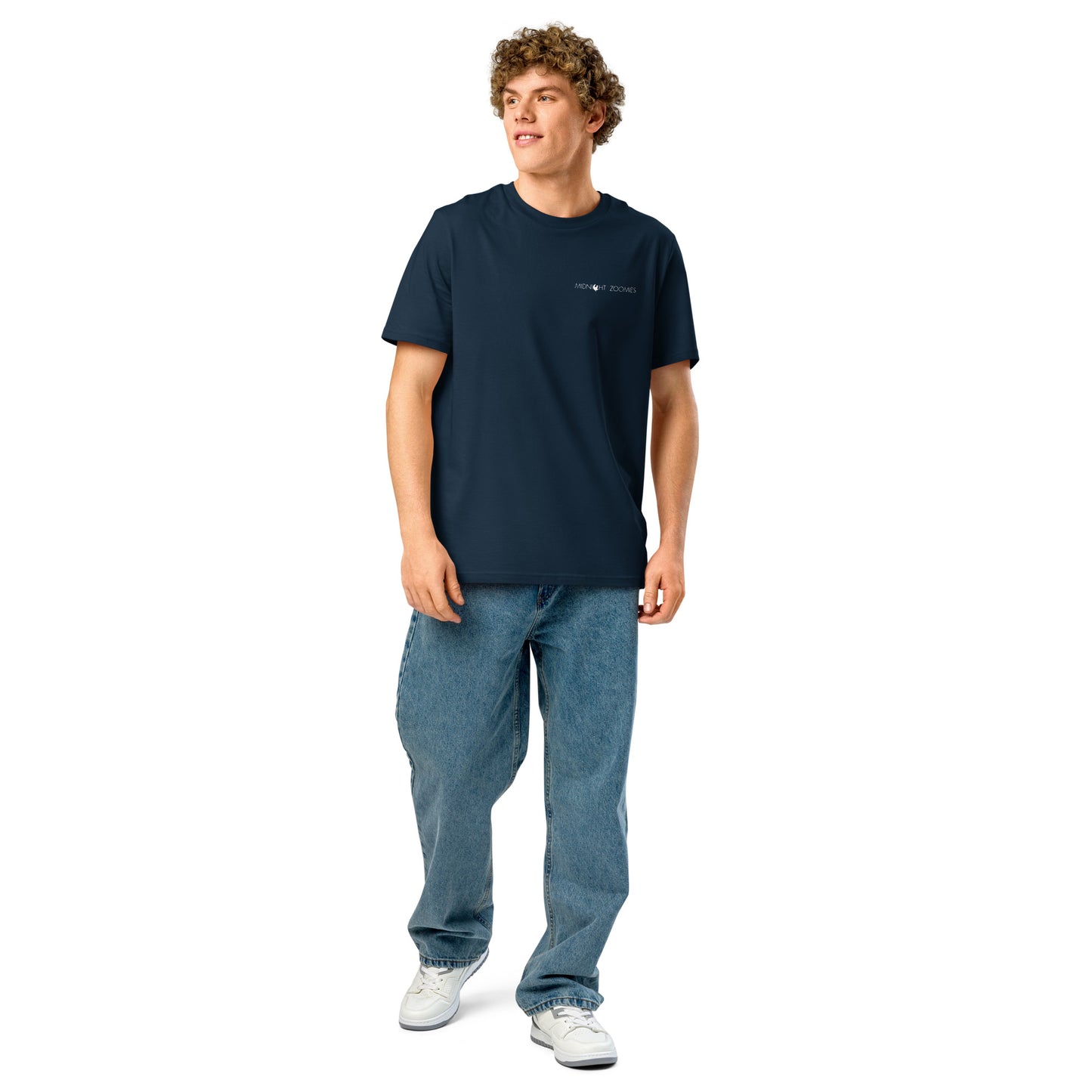 Man wearing a navy Girl With A Pearl Earring Graphic T-Shirt.
