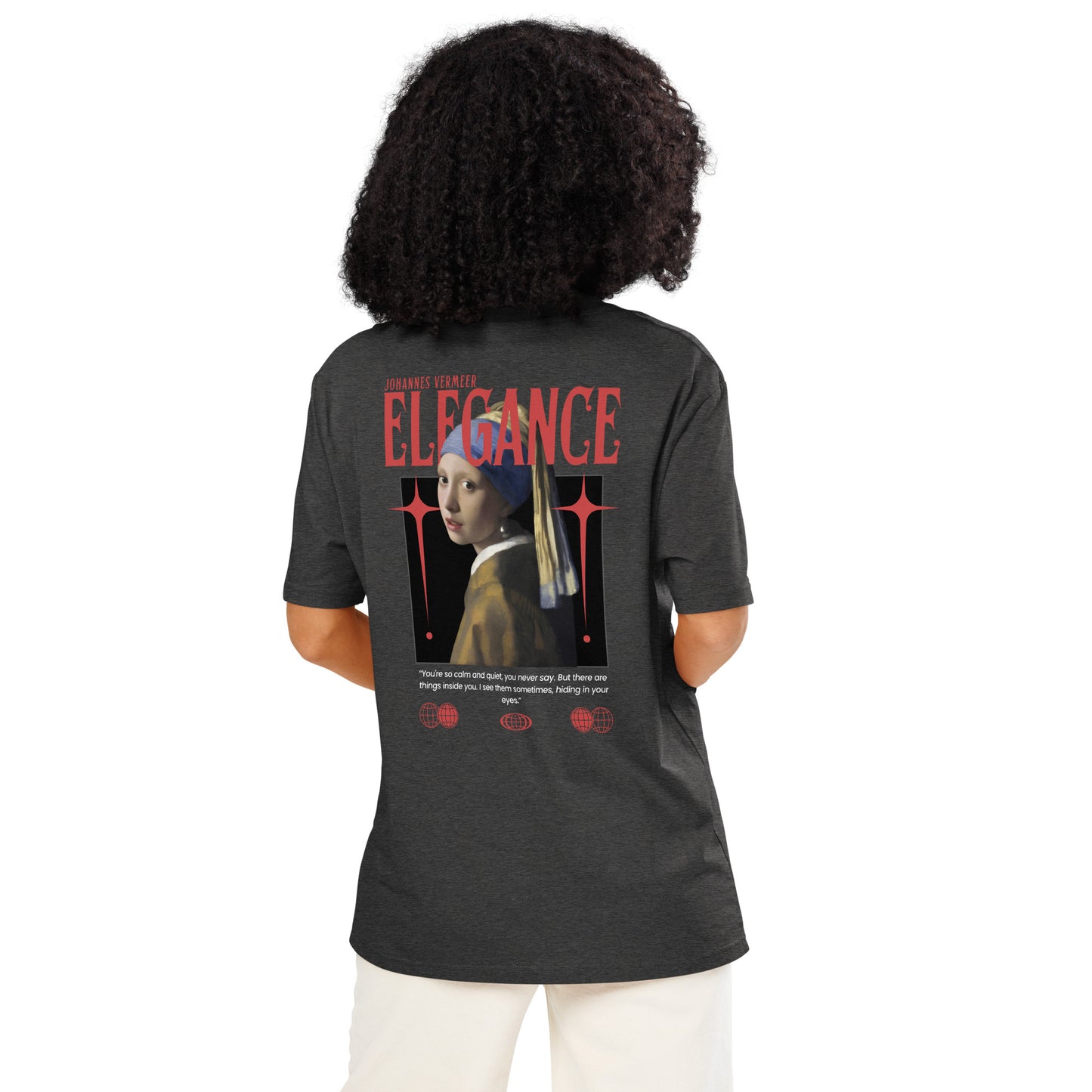 Woman wearing a dark heather grey Girl With A Pearl Earring Graphic T-Shirt.