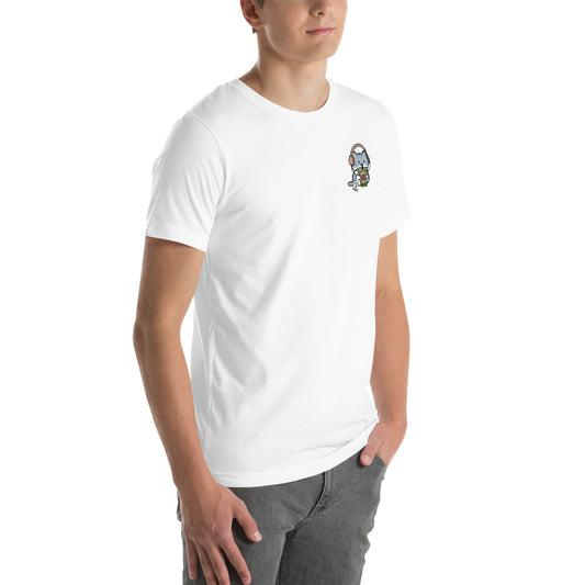 Man wearing a white Performative Cat T-Shirt from Midnight Zoomies.