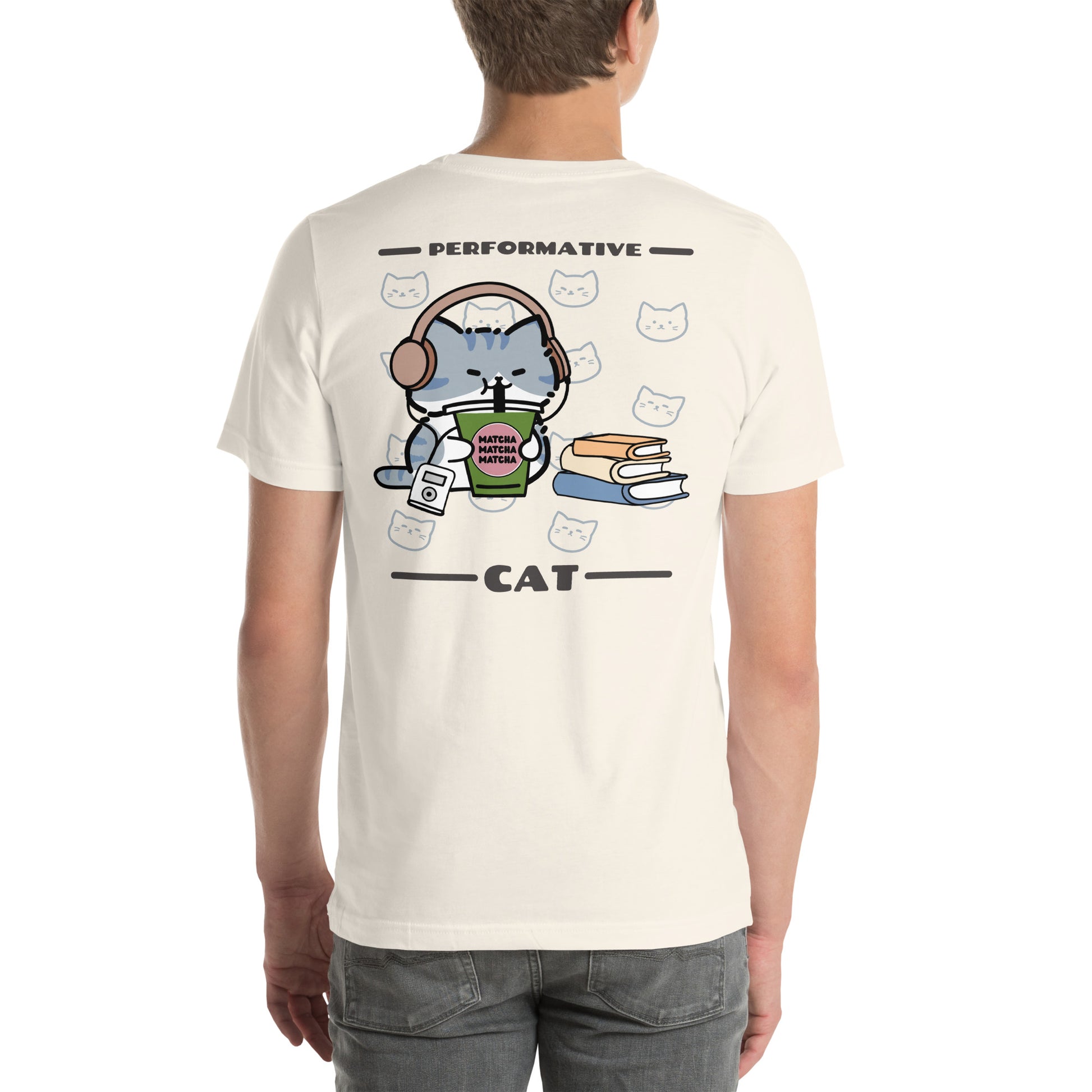 Man wearing a vintage white Performative Cat T-Shirt from Midnight Zoomies.