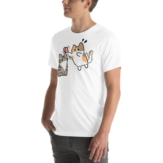 Man wearing a white Playing With Butterflies Cat T-Shirt from Midnight Zoomies.