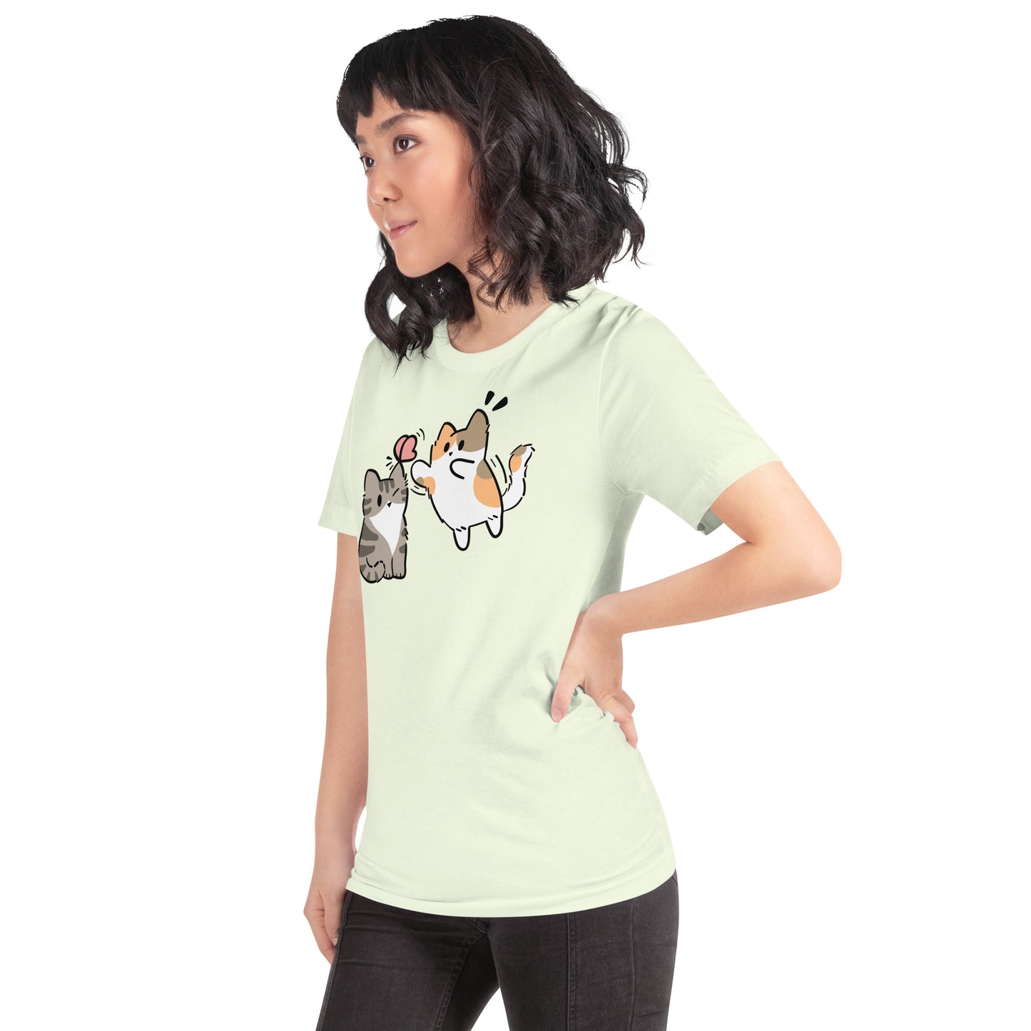 Woman wearing a citron green Playing With Butterflies Cat T-Shirt from Midnight Zoomies.