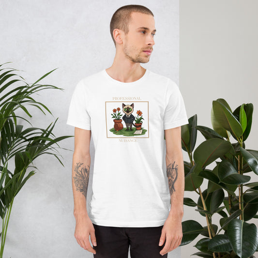 Man wearing a white Professional Nuisance Cat T-Shirt.
