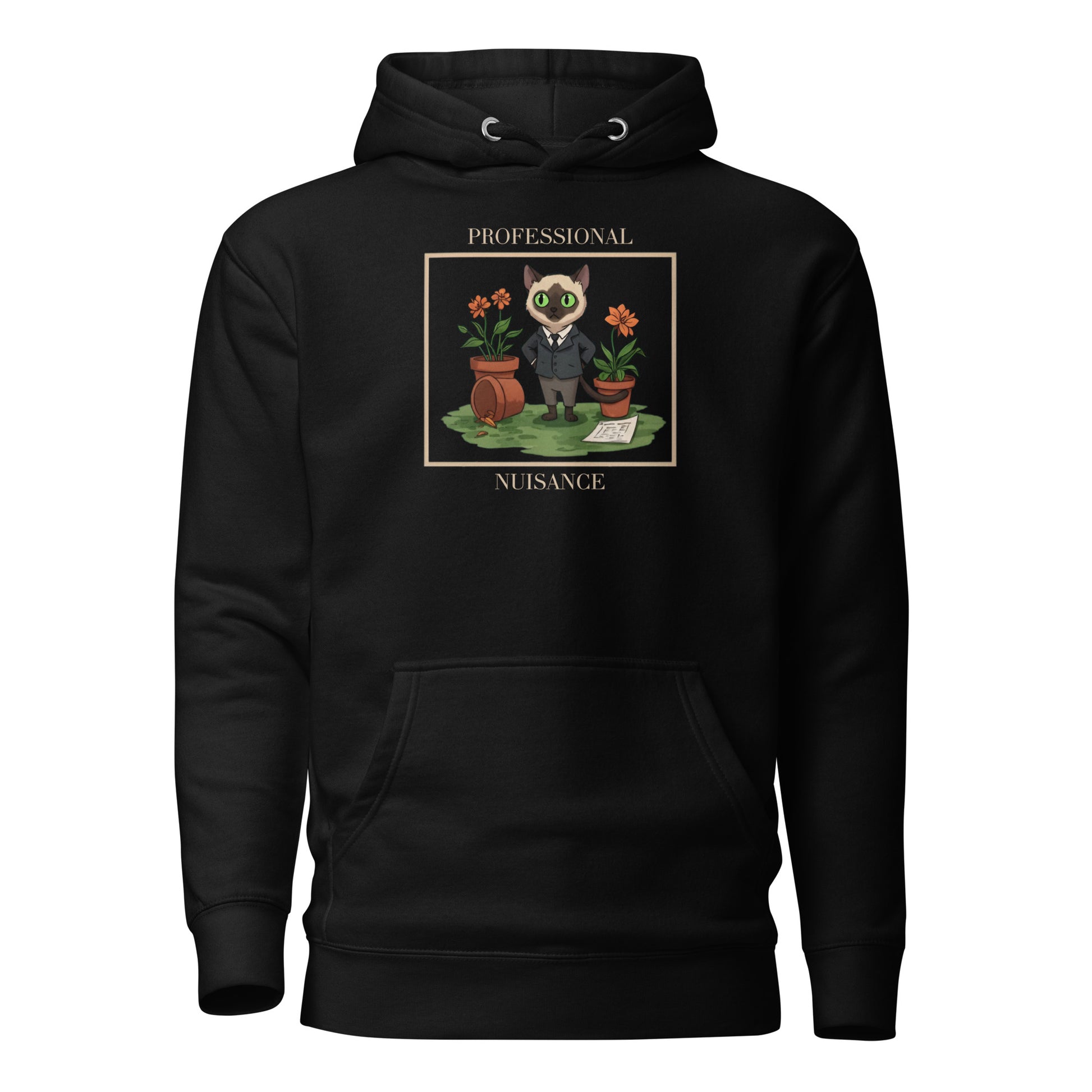 Front View of a unisex black hoodie with a design of a cat surrounded by flower pots and the words 'Professional Nuisance'.