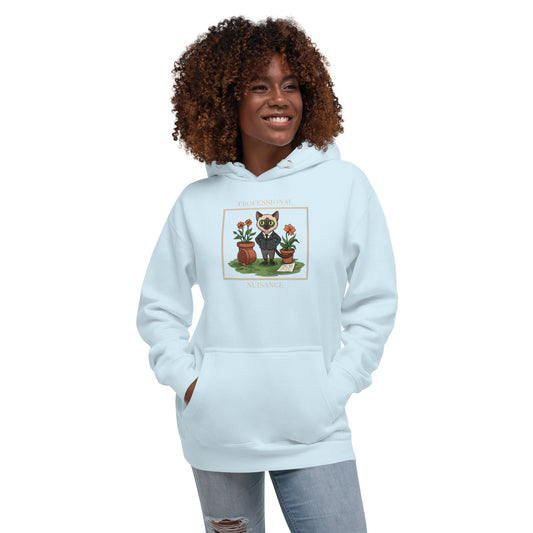 Woman modeling a unisex sky blue hoodie with a design of a cat surrounded by flower pots and the words 'Professional Nuisance'. Front View.