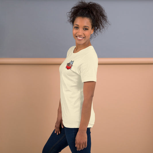 Woman wearing a natural Ramen Cat Club T-Shirt from Midnight Zoomies.