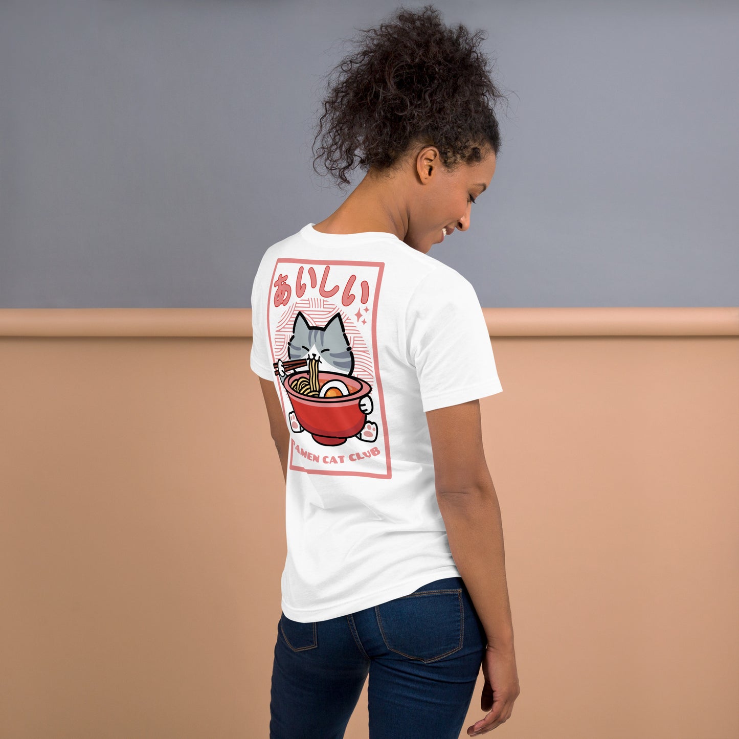 Woman wearing a white Ramen Cat Club T-Shirt from Midnight Zoomies.
