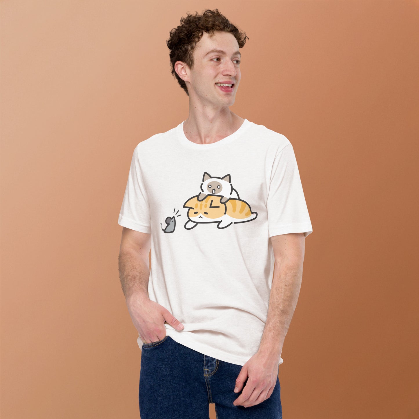 Man wearing a white Scaredy Cat T-Shirt from Midnight Zoomies.