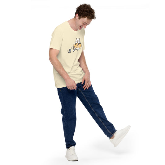 Man wearing a natural Scaredy Cat T-Shirt from Midnight Zoomies.