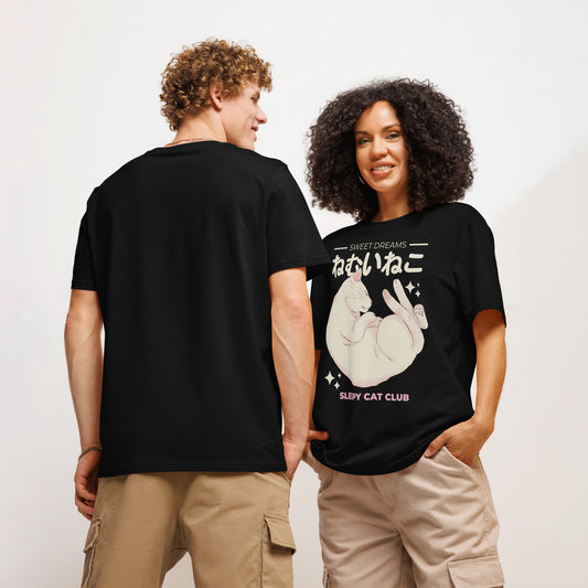 Couple wearing black Sleepy Cat Club T-Shirts from Midnight Zoomies.
