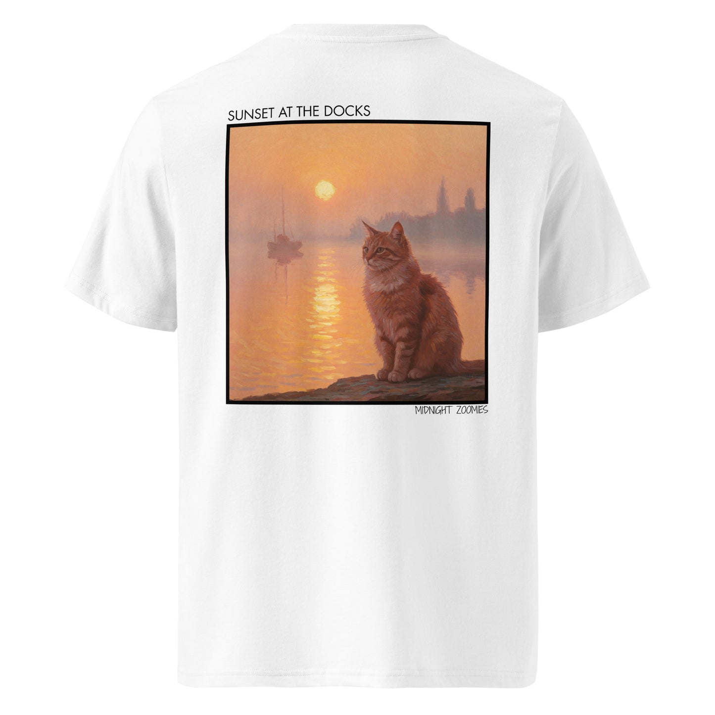 White Sunset At The Docks Graphic Cat T-Shirt from Midnight Zoomies.